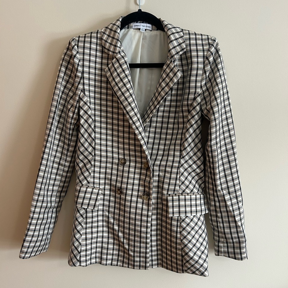 Express Black, Tan, and Light Blue Checkered Blazer